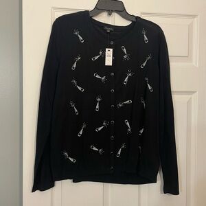 Talbots Black Cardigan with Champagne Embroidery